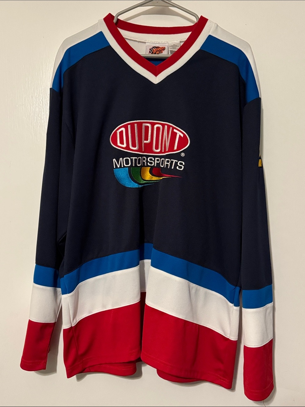 Jeff Gordon 24 DuPont Motorsports Men's V-Neck Long Sleeve in Navy, Red White XL